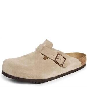 NEW BIRKENSTOCK men's boston leather clogs in taupe tan